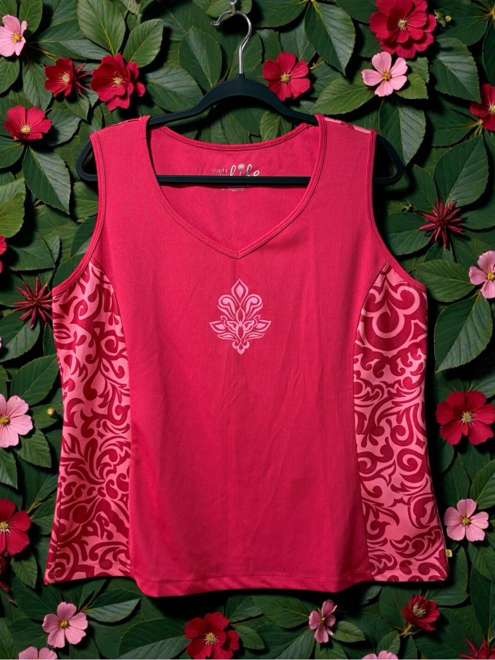 Made For Life Pink Athletic Tank Top with Twirly Floral Print Side Panels